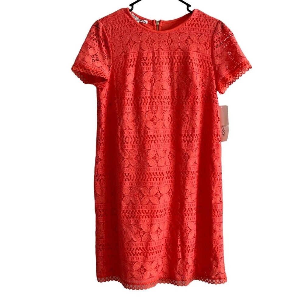 Maggy London Lace Knit Shift‎ Dress Back Zipper Lined Short Sleeve Coral 8 NWT